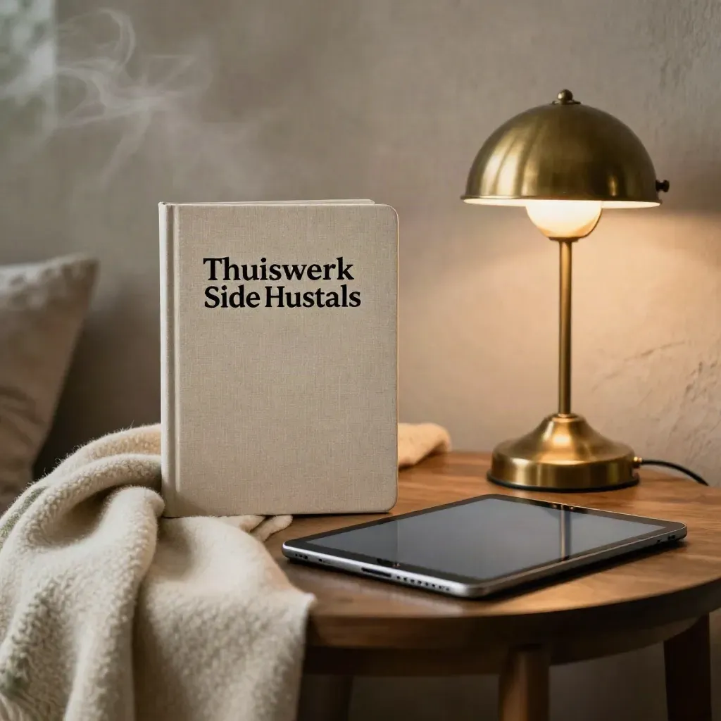 Thuiswerkset met gids, tablet, plaid en lamp in warme woonhoek.