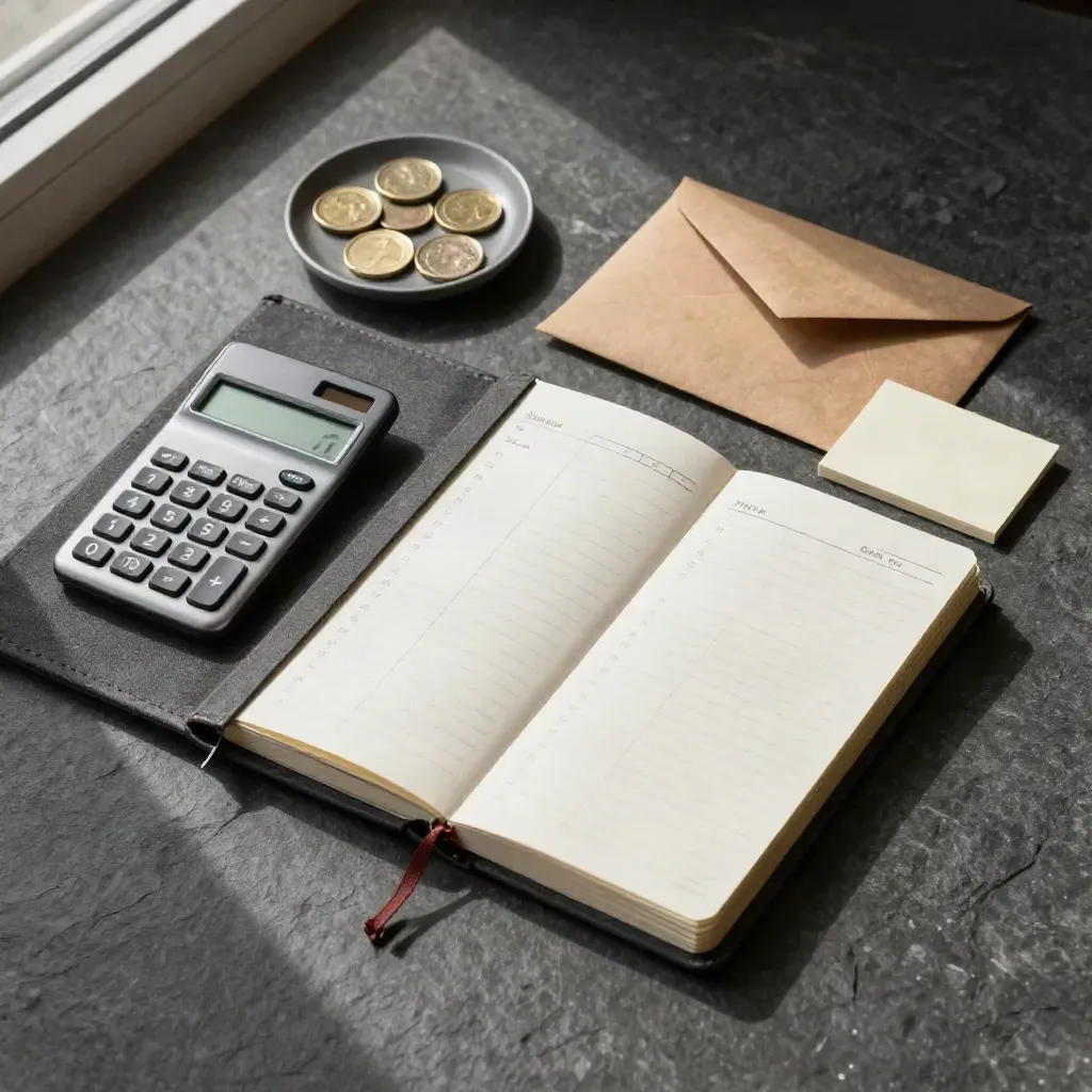 Bovenaanzicht van een budgetplanner met rekenmachine, envelop en muntbakje op donkergrijze steen.