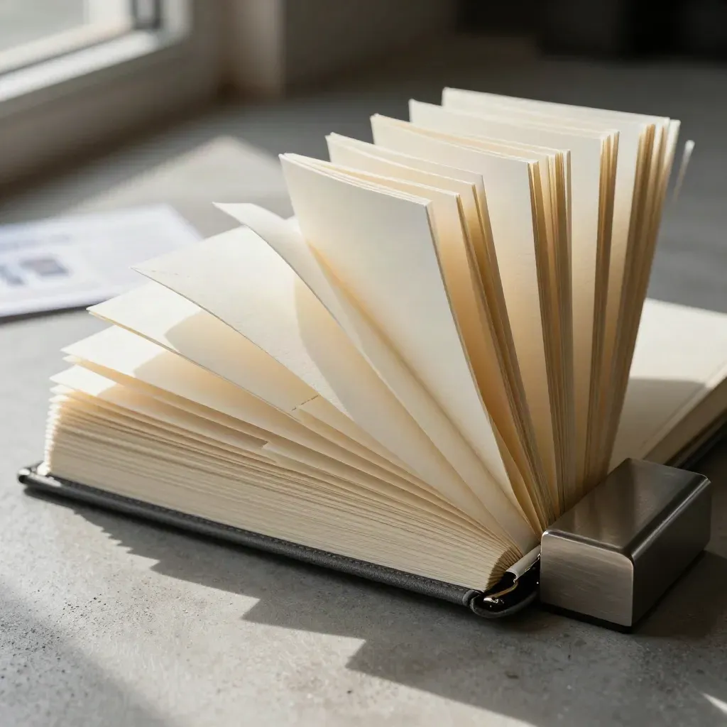 Accordionmap met dividers, klein notitieboek en paperweight op geborsteld beton.
