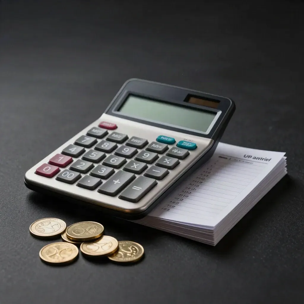 Uurtarief-tool met calculator, kaarten en munten in een donkere studio.
