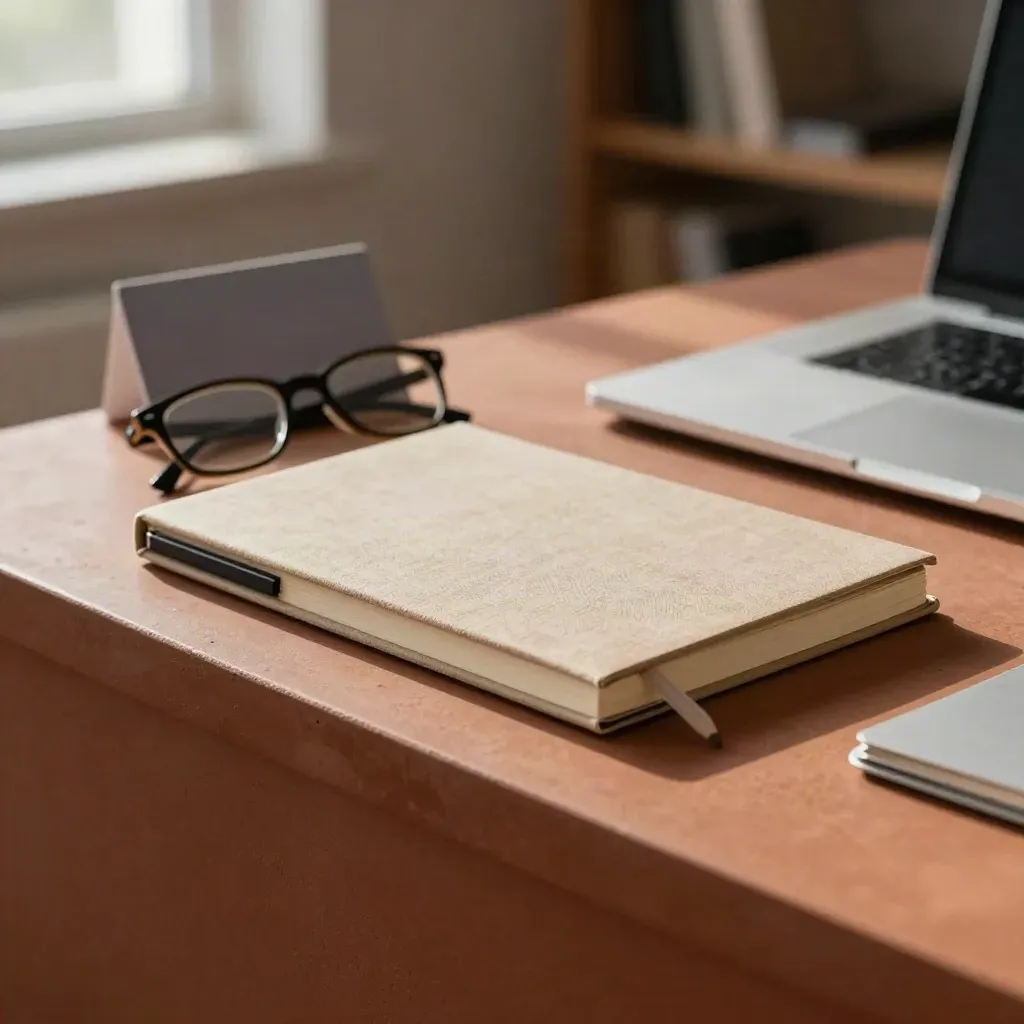 Verkooptekstbundel met notitieboek, potlood, bril en laptop op terracotta werkplek, zacht daglicht.