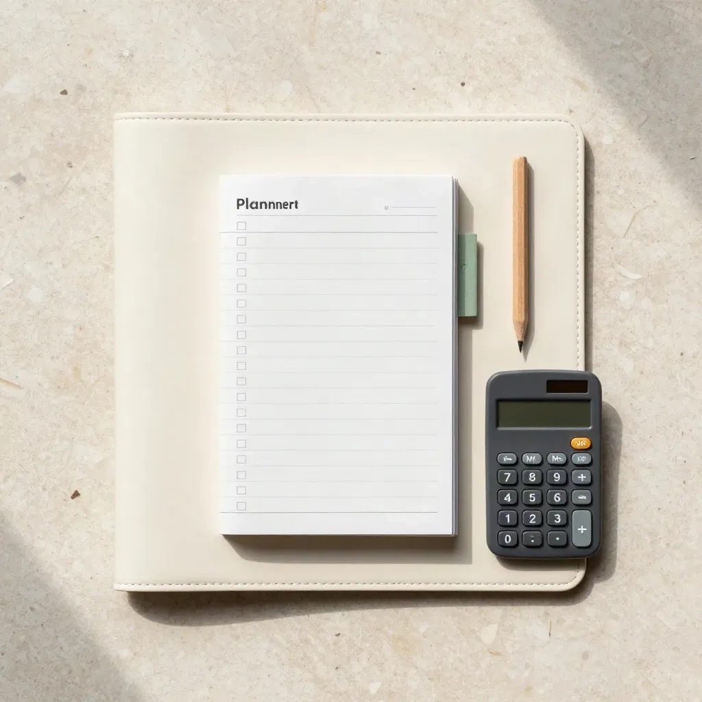 Bovenaanzicht van een bijverdienplanner, checklistkaartjes en rekenmachine op licht steen.