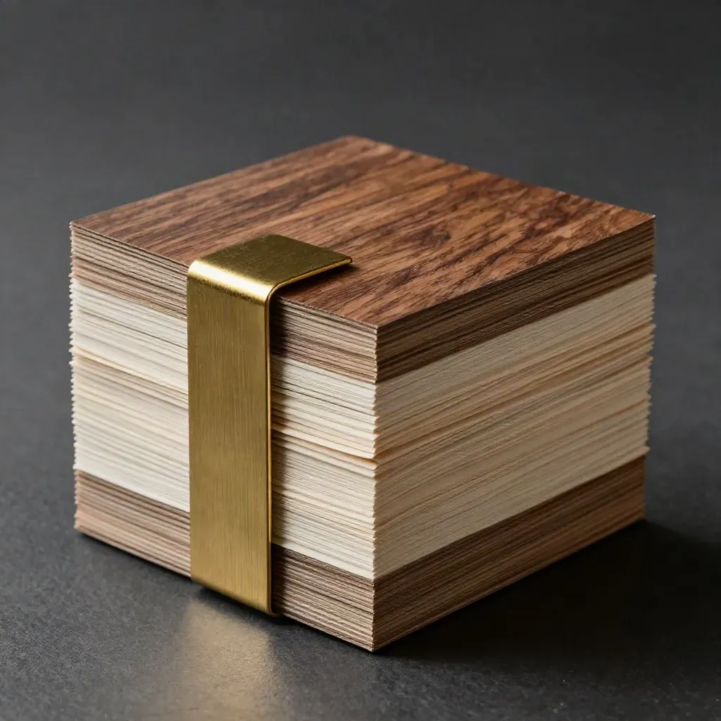 Close-up van een stapel freelance tariefkaarten met brass clip en neutrale papierstructuur