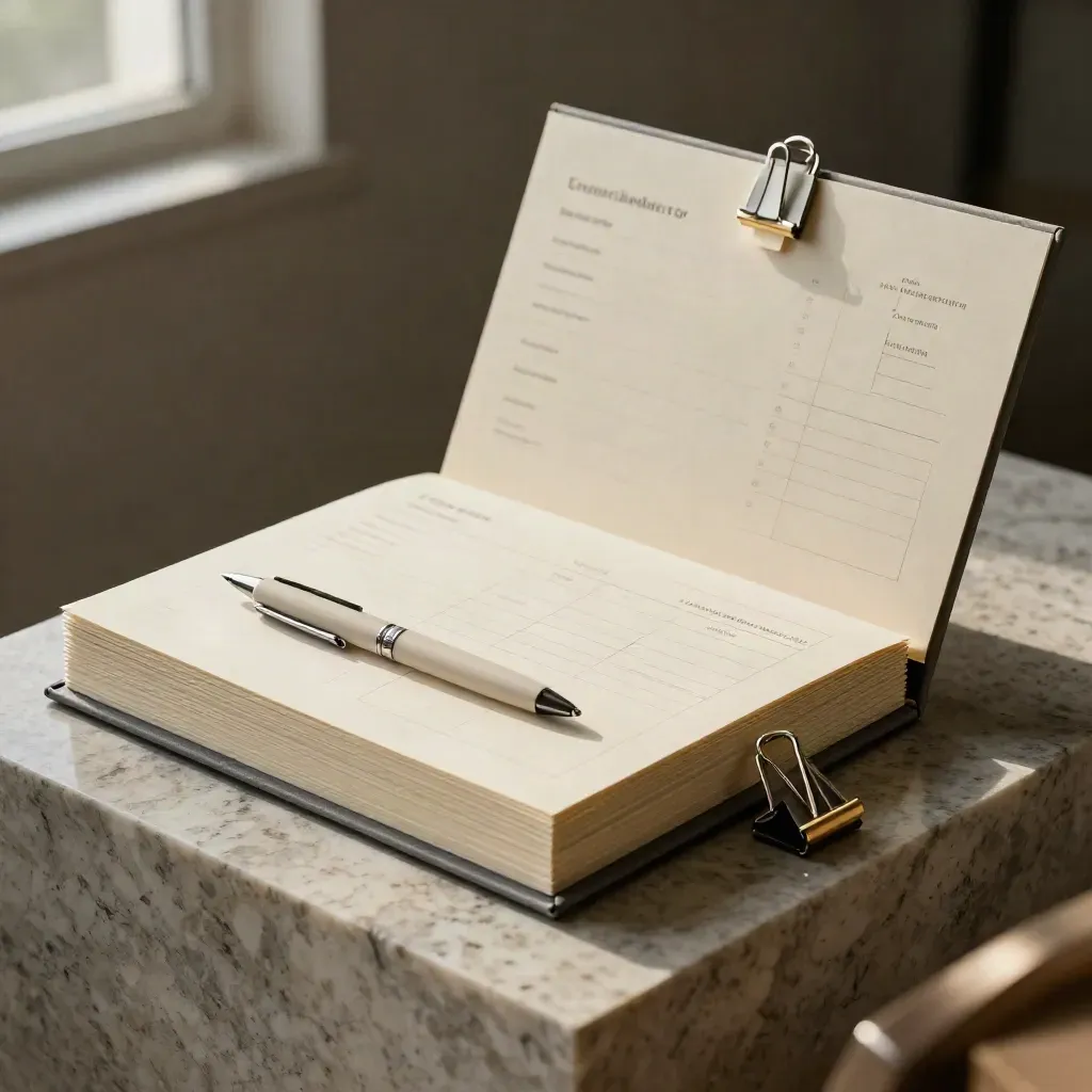 Open presentatiedoos met factuurtemplates, pen en paperclips op travertin in studiolicht