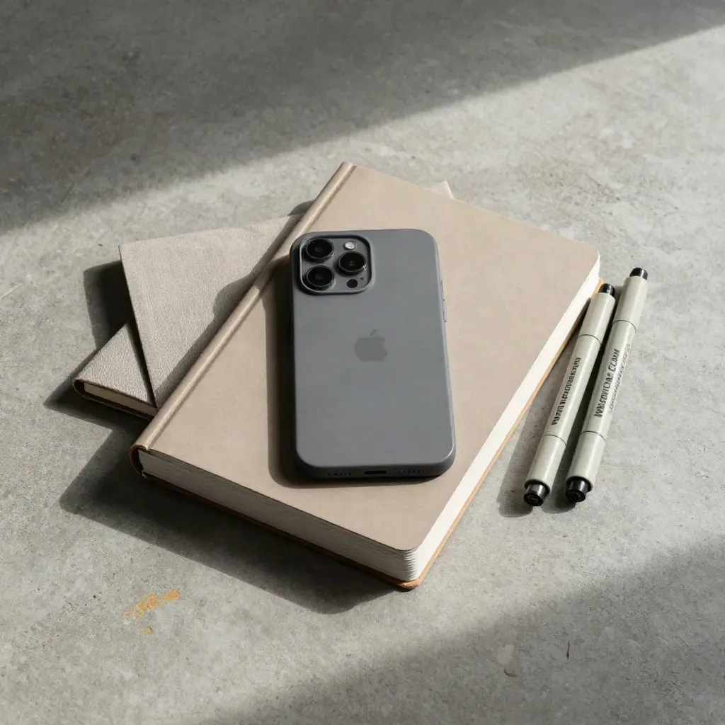 Flatlay van een kluslijst, telefoon, notitieboek en markers op beton