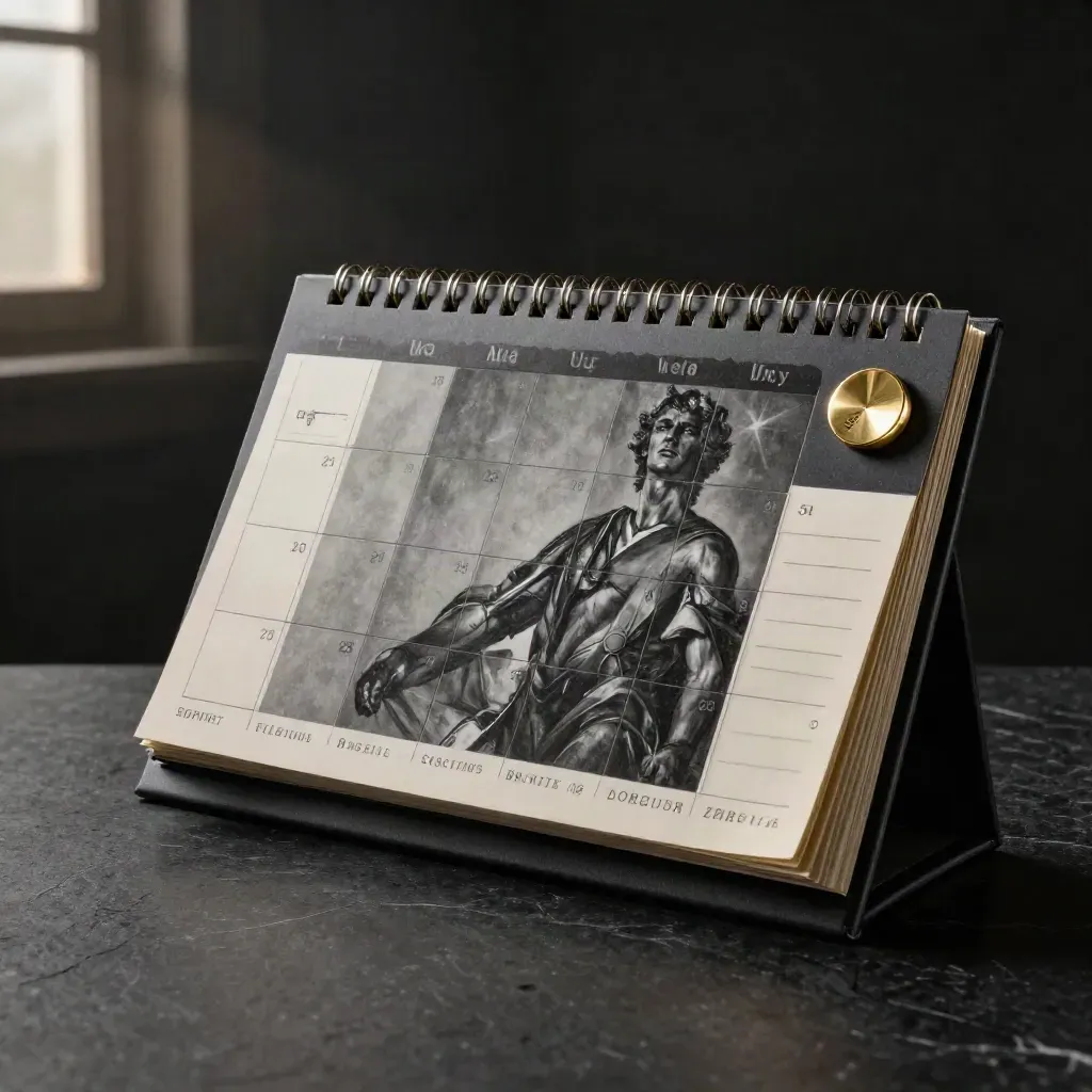 Donkere productfoto van een ringgebonden inkomensdoelen-kalender met messing muntje en uitwaaierende tabs.