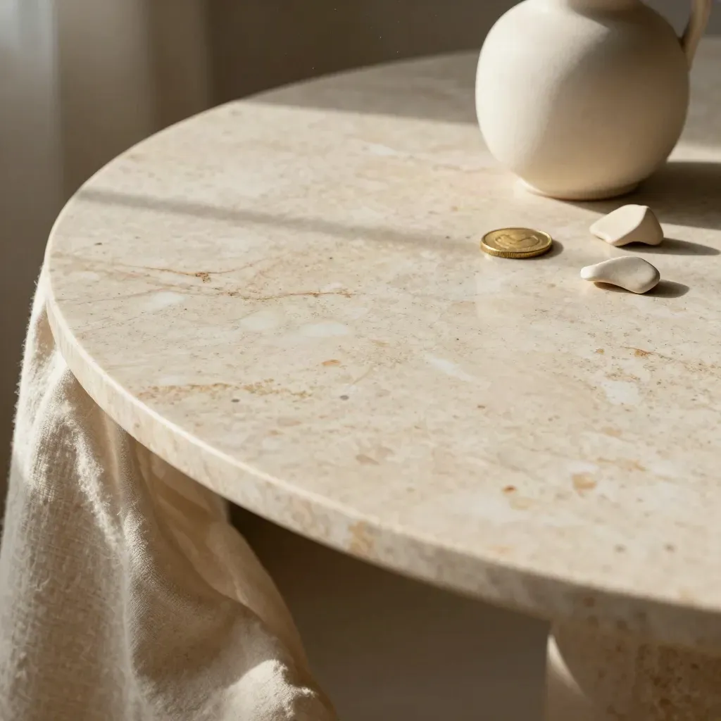 Travertijnen tafel met keramische vorm, linnen rand en zacht ochtendlicht.