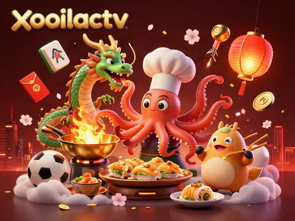 Engage with exciting gambling action at xoilactv featuring a vibrant scene with cartoon sushi chef, dragon, and tanuki.