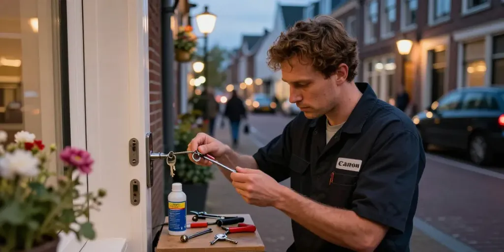 Slotenmaker in Arnhem bezig met gebroken sleutel reparatie in de voordeur.