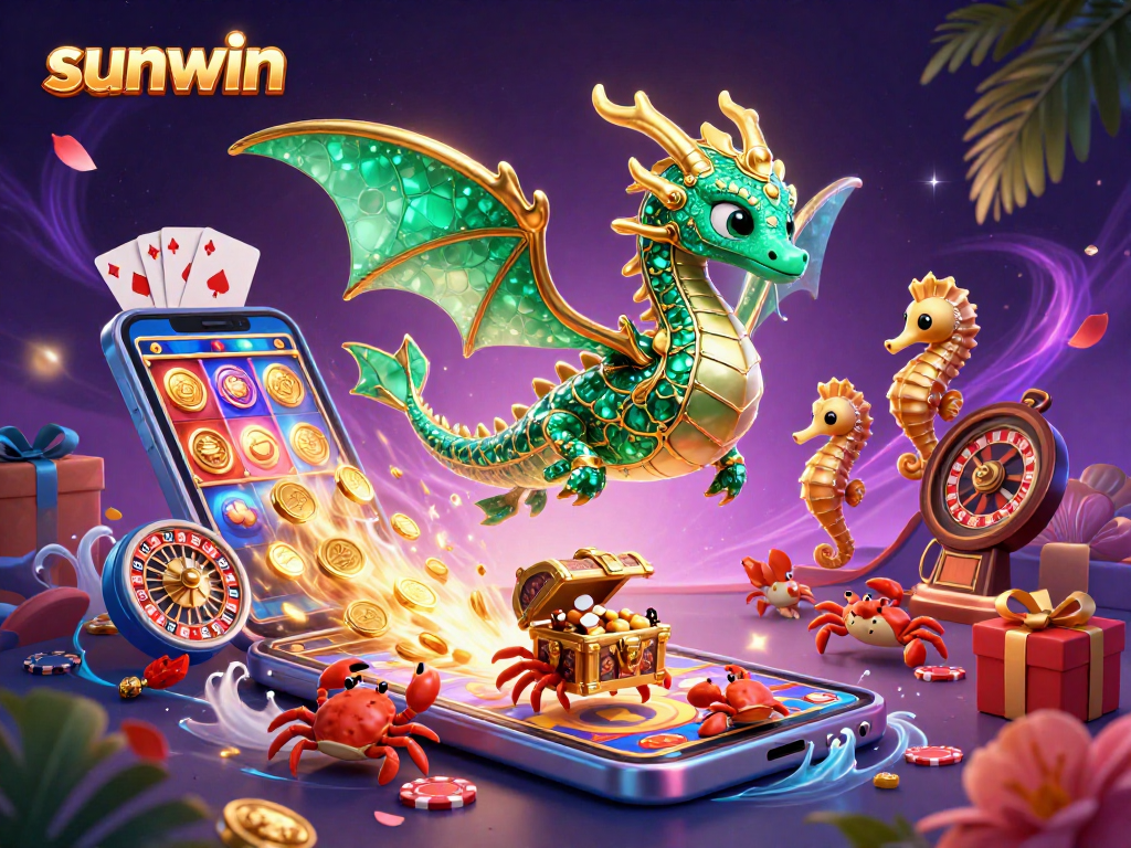 Play slots with sunwin as a sea dragon and seahorse explore a treasure-filled casino.