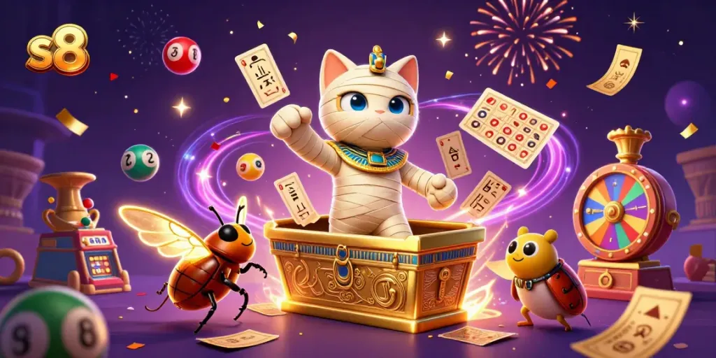 Experience the thrill of s8 with an Egyptian mummy cat bursting from a golden sarcophagus.