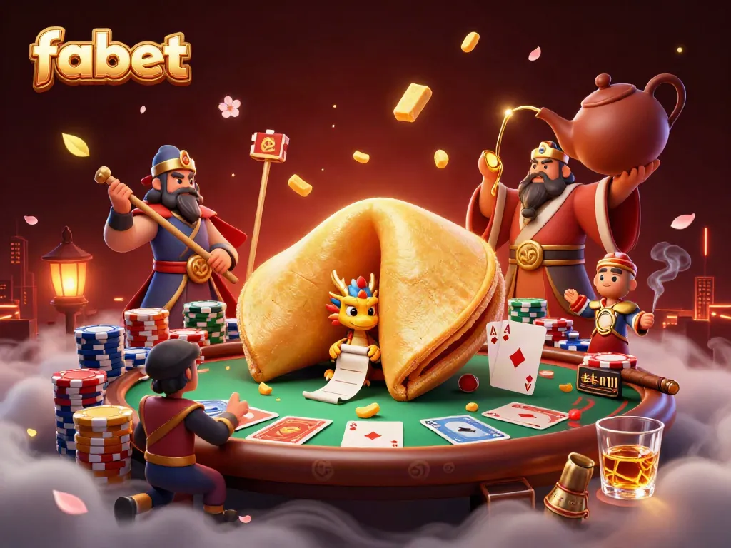 Experience big wins at fabet with an enchanting illustrated casino scene, showcasing a golden fortune cookie and wise dragon.