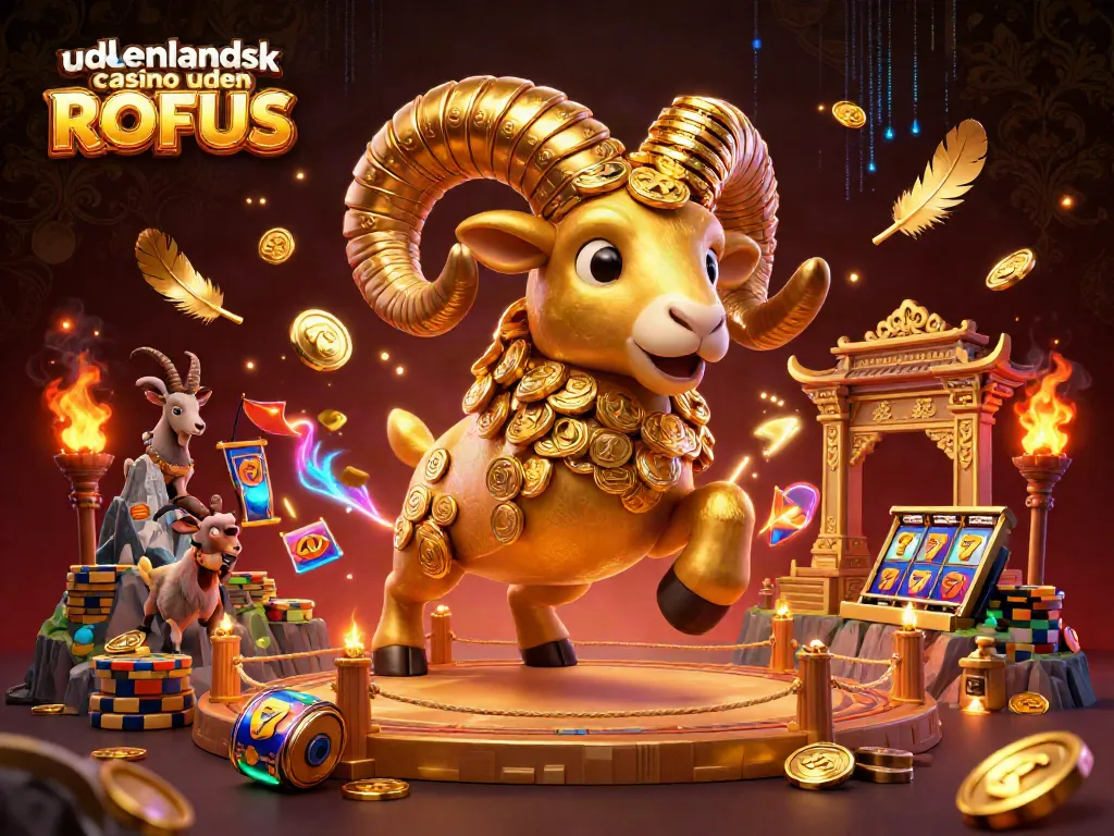 Experience excitement at udenlandsk casino uden ROFUS with a cartoon golden ram charging through a vibrant casino scene.