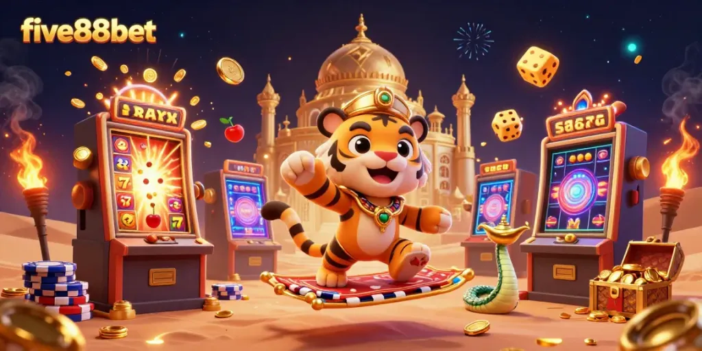 Experience the excitement of five88bet with a tiger sultan and jackpot scene bursting with winnings and casino energy.
