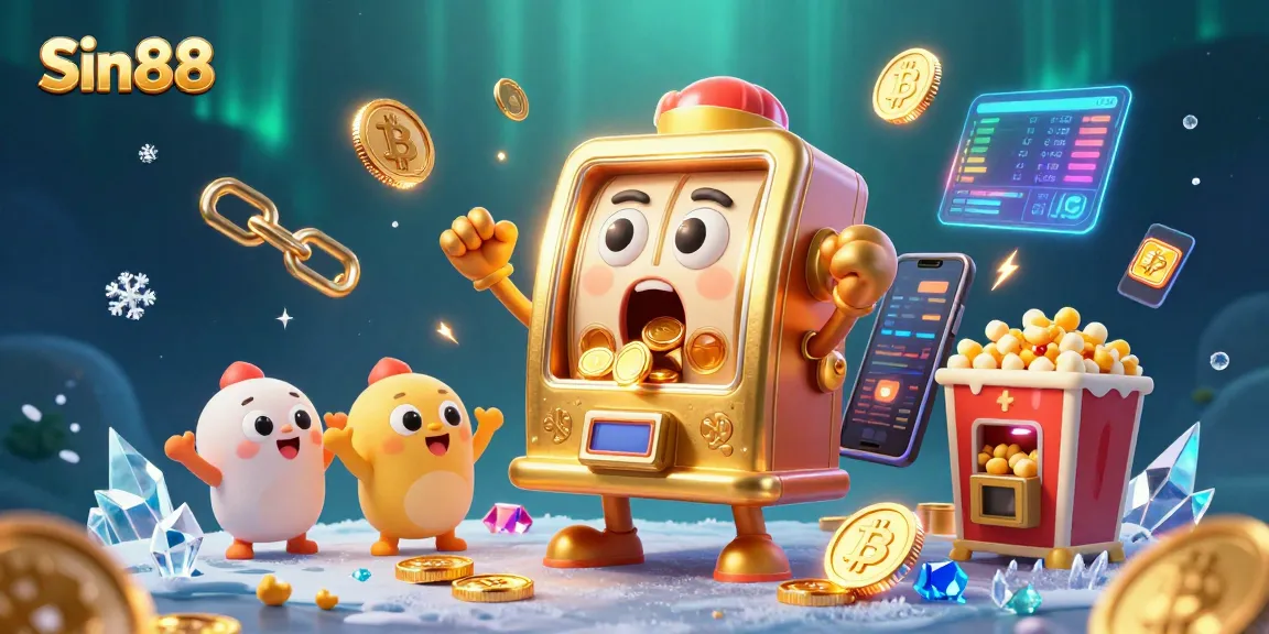 Sin88 slot machine hitting a jackpot surrounded by cheering baby slots and crypto coins.