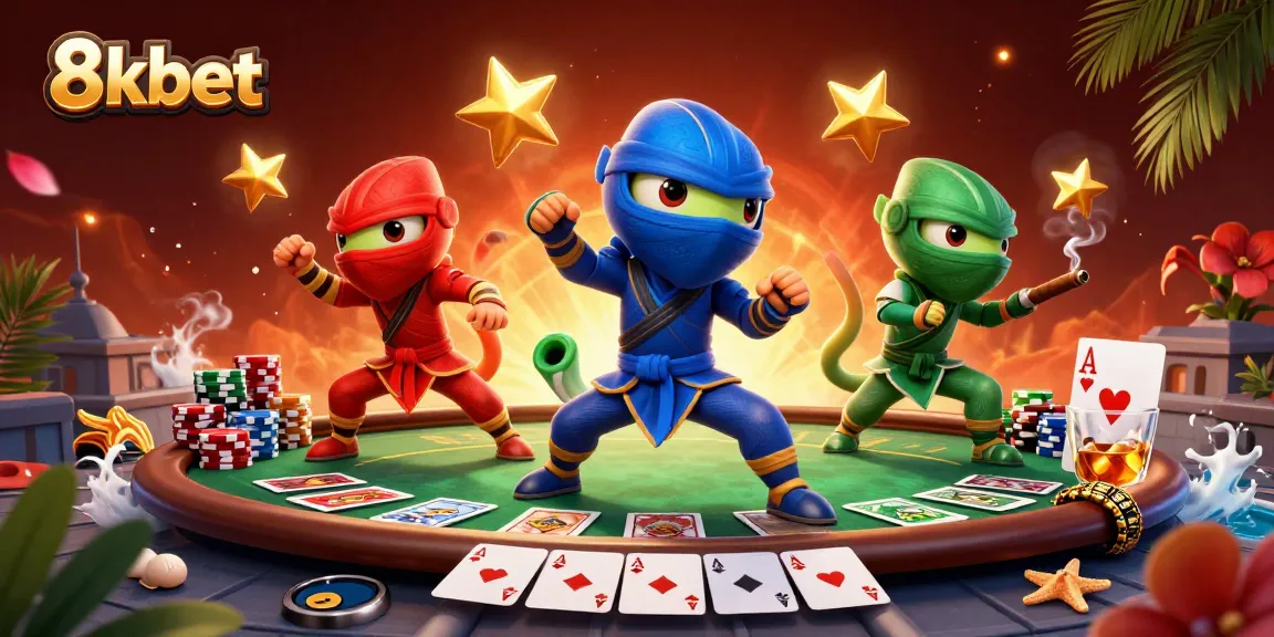 Engage in thrilling poker action with 8kbet as chameleon ninjas throw stars and chips.