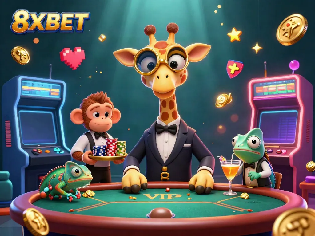 Experience the excitement of 8XBET with a vibrant casino scene featuring lively characters and games.