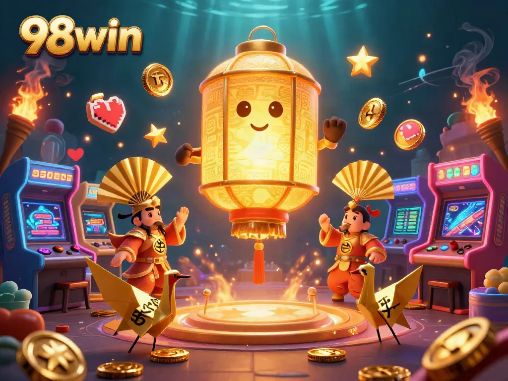 Experience the excitement of 98win with animated golden lantern spirits and dynamic casino elements.