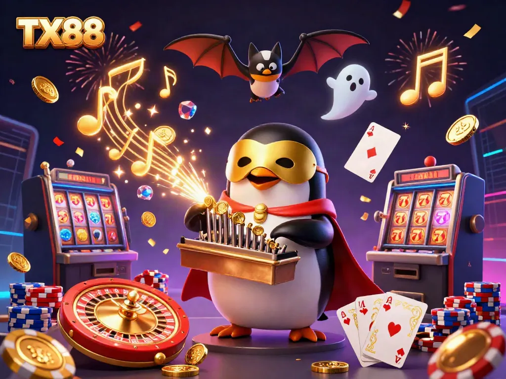 TX88 captivates with a cartoon penguin and golden coins in a dazzling casino scene.