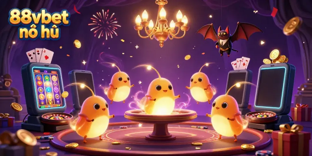 Experience excitement with 88vbet nổ hũ in this vibrant 3D casino illustration featuring glowworms and casino games.