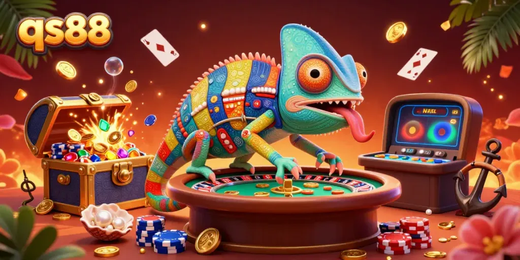 Experience thrilling gaming action at qs88 with vibrant 3D chameleon casino owner snapping up gold coins.