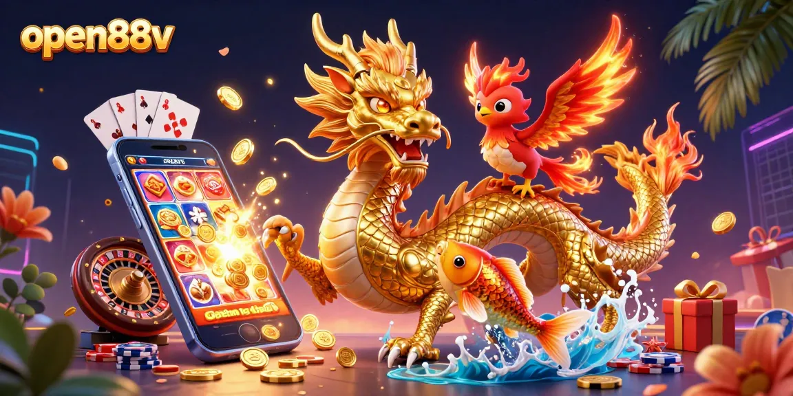 Experience thrilling wins with open88v, showcasing a vibrant 3D casino scene packed with action.