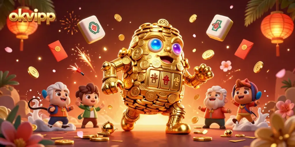 Experience the dynamic world of okvipp with a vibrant 3D golem made of golden coins amidst floating casino elements.