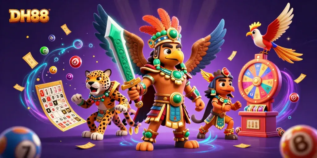 Experience thrilling gameplay with DH88 in an ultra-detailed 3D digital illustration showcasing vibrant casino elements.