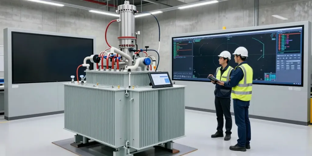 Hermetisch gesloten transformator in een moderne industriële omgeving met ingenieurs in gesprek.