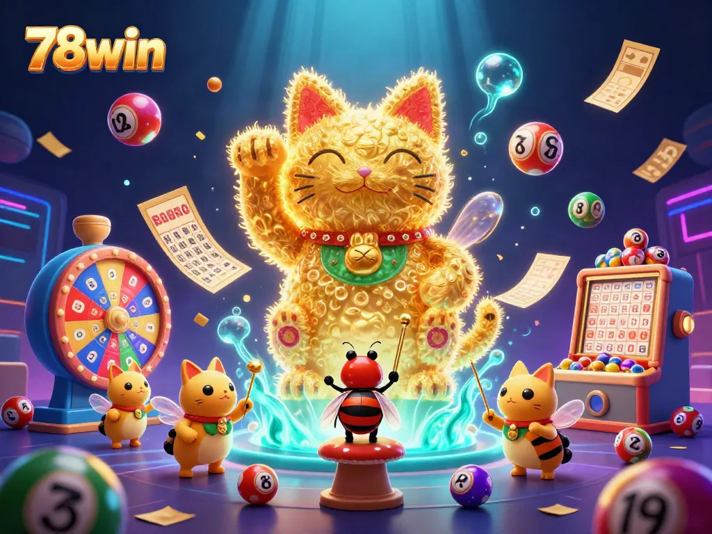 Experience the dynamic gaming world of 78win with colorful lottery balls and a lively lucky cat illustration.