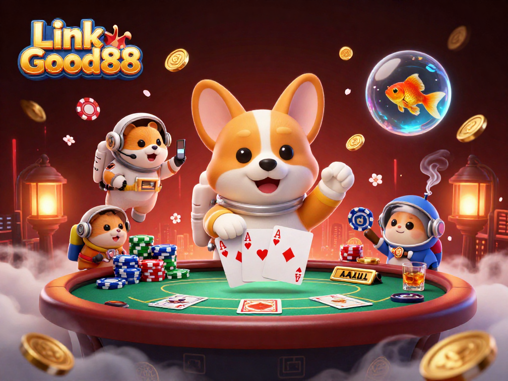 Engage in thrilling gameplay at Link Good88 with vibrant visuals of a space casino where poker chips and coins drift around