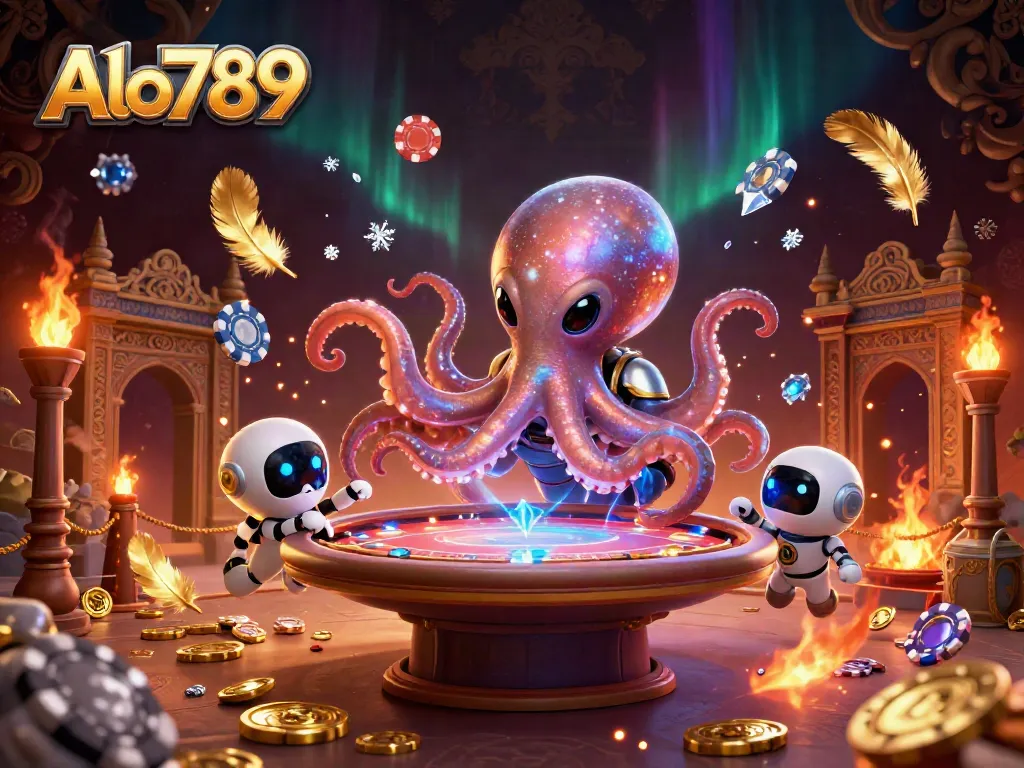 Alo789 offers thrilling poker experiences with an alien octopus and a robot in a vivid casino theme.