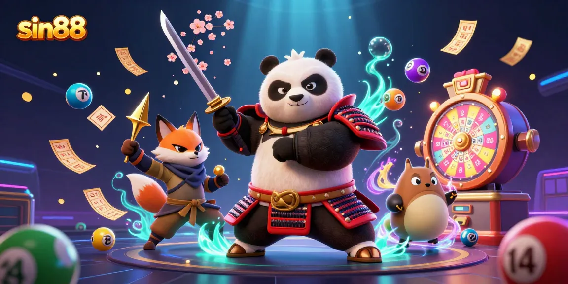 Engage in lotteries with sin88 through a vibrant 3D illustration showcasing dynamic gaming elements.