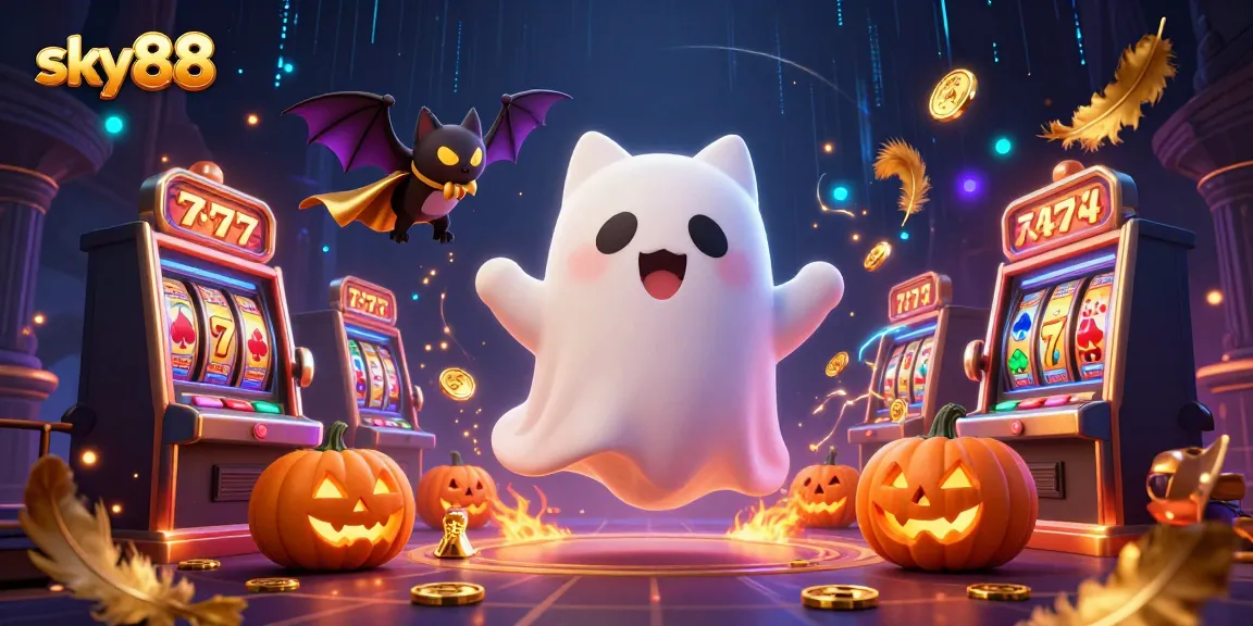 Engage in thrilling gameplay with sky88 featuring a ghost cat and vampire bat in an exciting haunted casino setting.