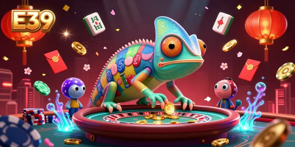 Engage in the vibrant world of E39 casino with a dynamic scene featuring a chameleon casino owner, colorful game elements, and festive ambiance.