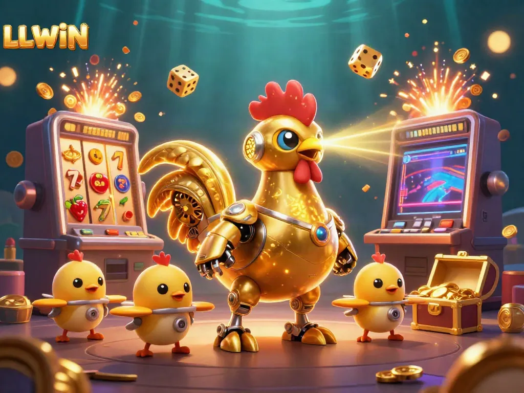 LLWIN platform showcases a 3D animated casino environment with vibrant slot machines and golden robot characters.