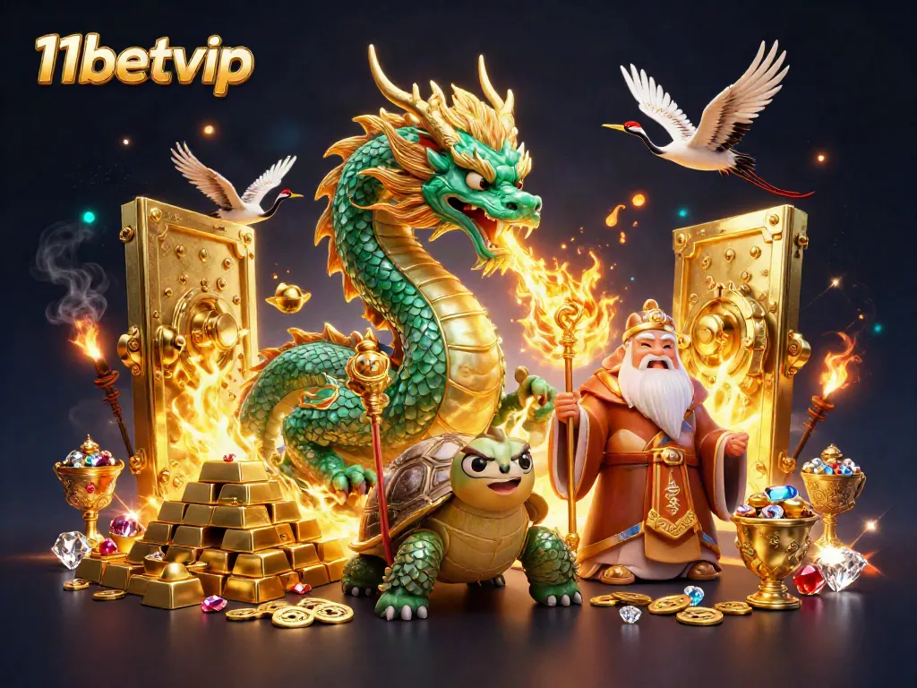 Experience the thrill of winning at 11betvip with a dragon, turtle sage, and lucky cranes amidst treasures.