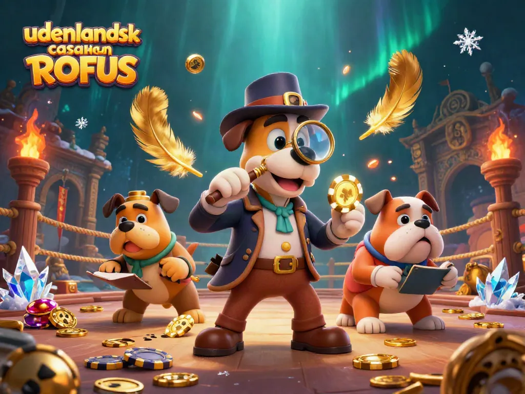Playing on udenlandsk casino uden ROFUS with cartoon detective assessing clues amidst golden poker chips.
