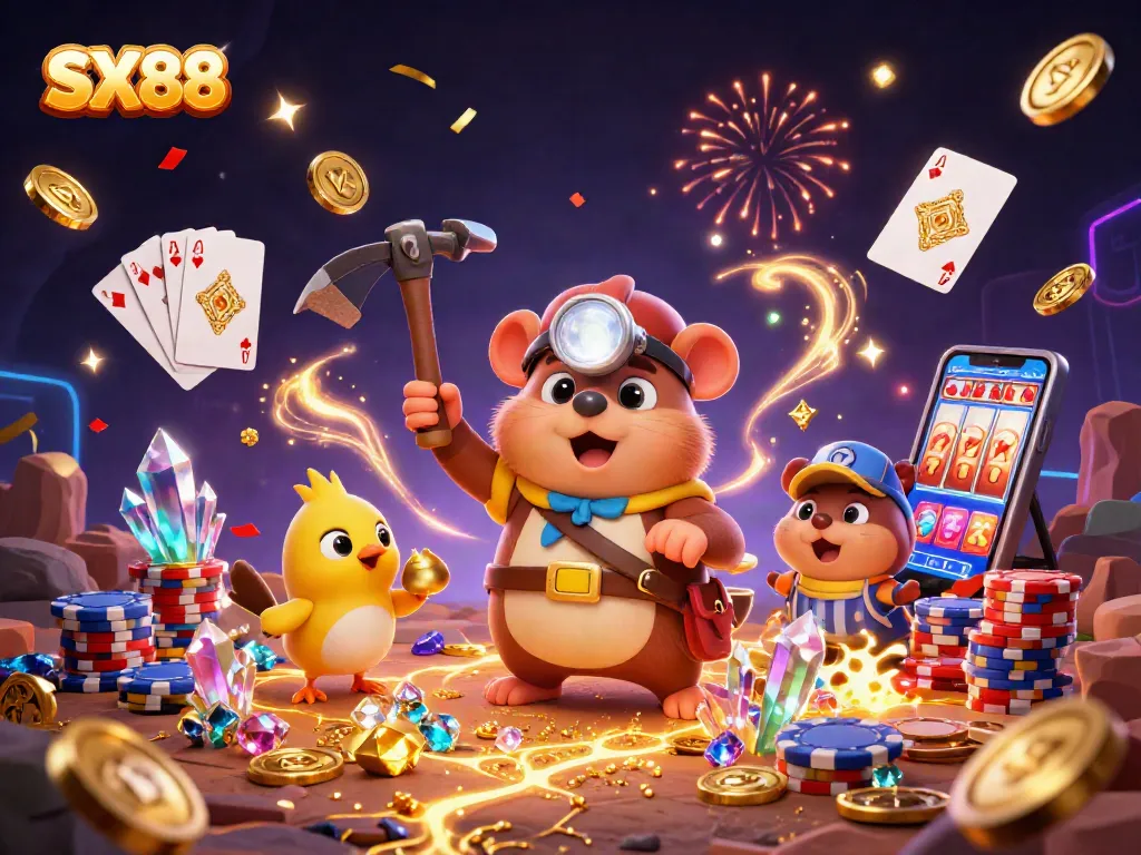SX88 showcases a vibrant casino scene with a treasure hunter mole uncovering gems and coins