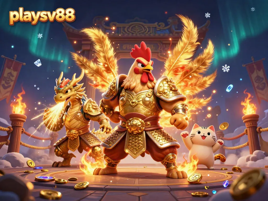 Experience the thrill of playsv88 with a vibrant 3D illustration showcasing a fighting rooster, dragon, and lucky cat.