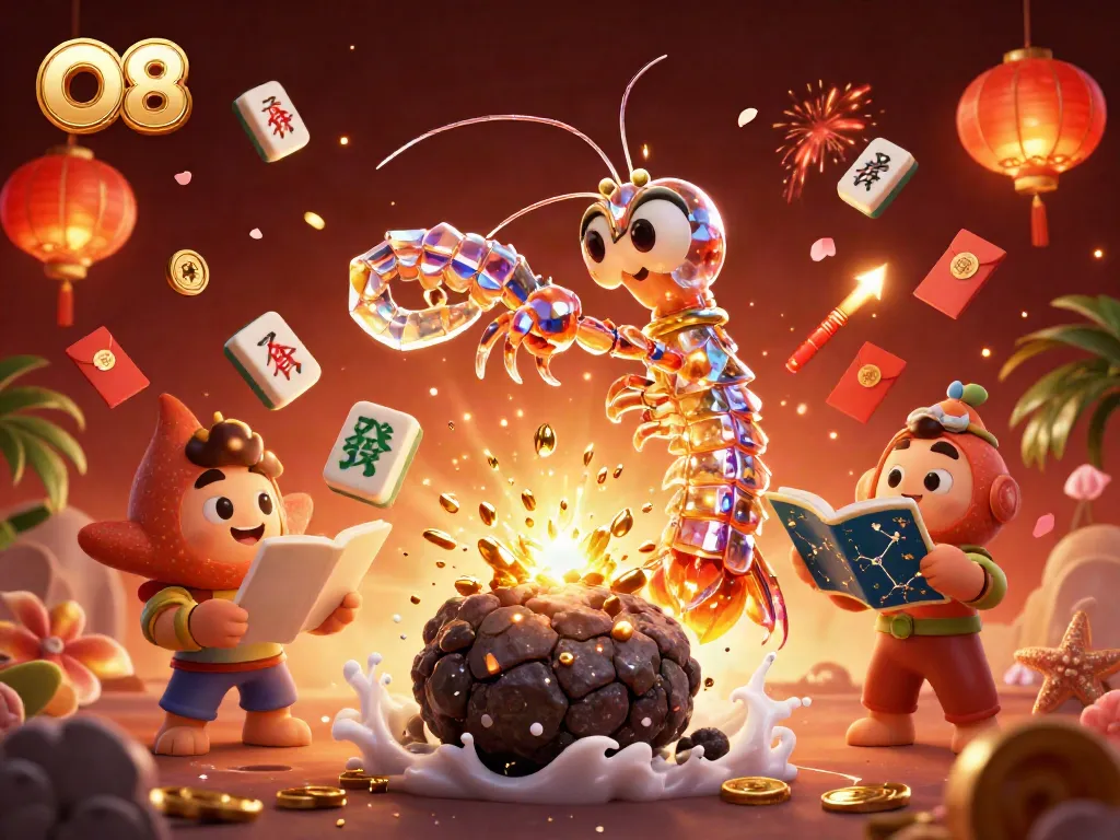 Experience O8's vibrant casino world with galactic characters amidst golden treasures and festive elements.