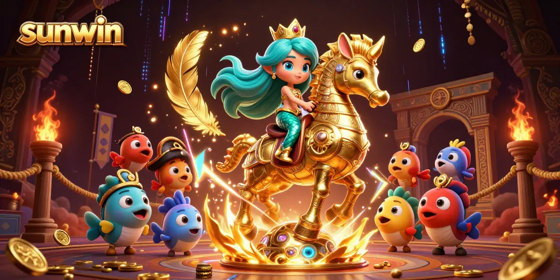 Win big with sunwin as a mermaid princess rides a seahorse in a vibrant casino scene.