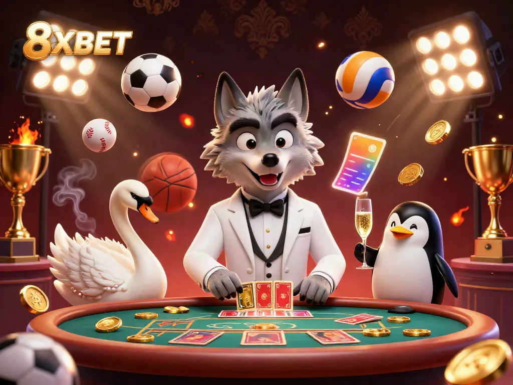 Experience the excitement of 8XBET with a debonair wolf, elegant swan, and sophisticated penguin in a dynamic casino scene.
