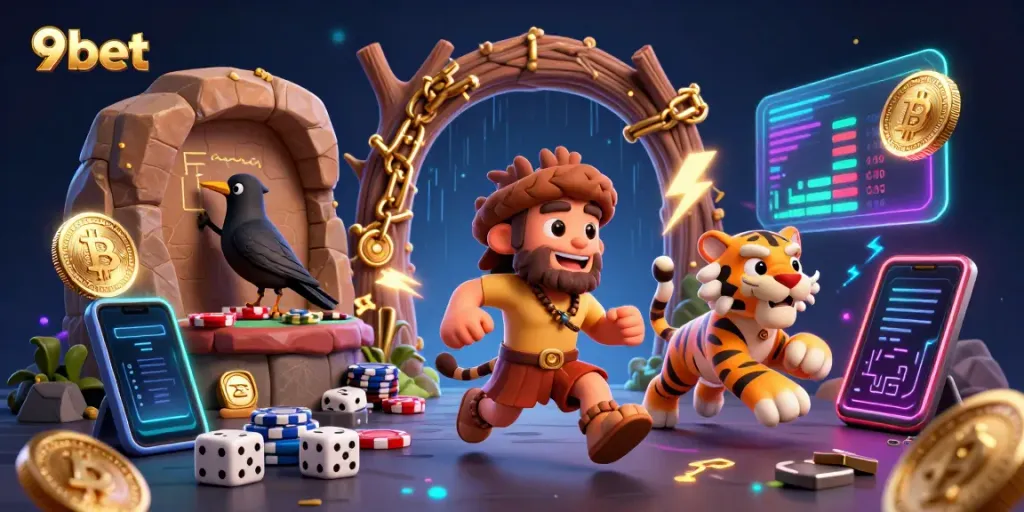 Engage with thrilling gameplay at 9bet, featuring dynamic caveman characters in a vibrant casino setting.
