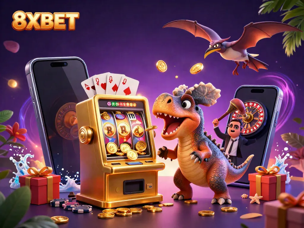Experience big wins with 8XBET and a dynamic casino scene featuring playful dinosaurs.