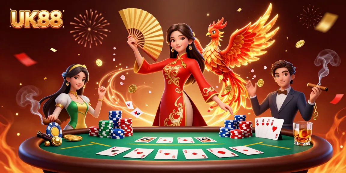 Engage with UK88's exciting poker scene featuring a beautiful woman and a phoenix amidst vibrant casino elements.