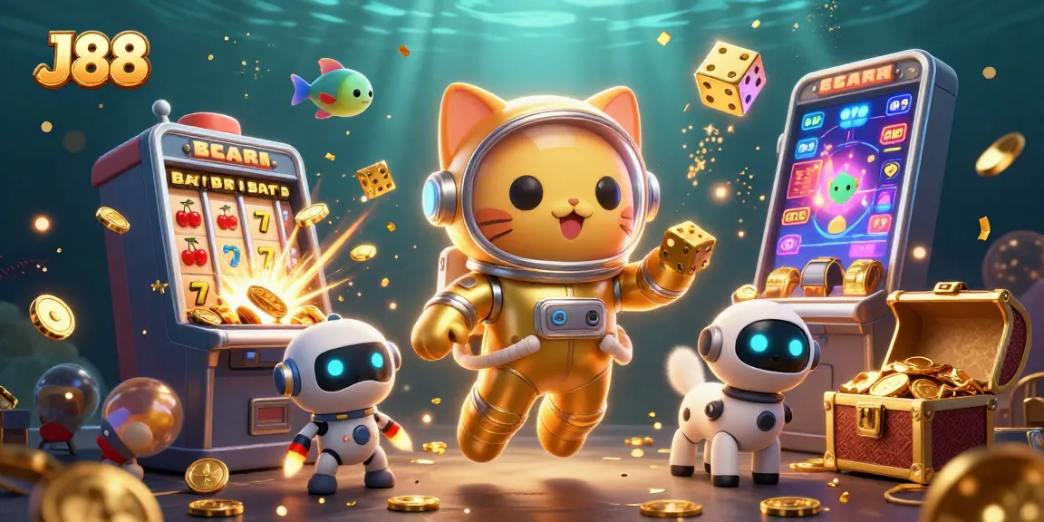 Experience thrilling casino adventures with J88’s dynamic 3D illustrated gaming scene featuring astronauts and jackpots.