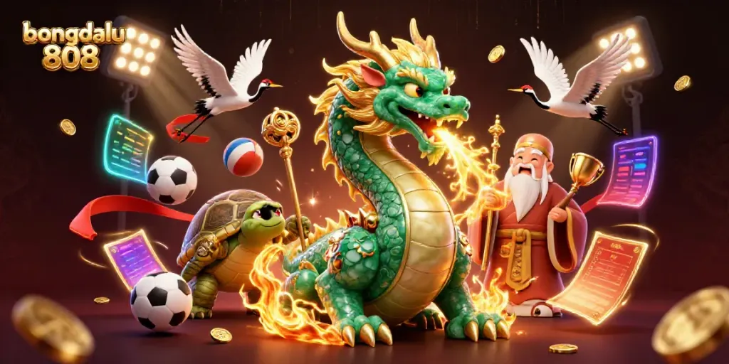 Engage with bongdalu 808's vibrant sports scene featuring a jade dragon, turtle sage, and flying cranes.
