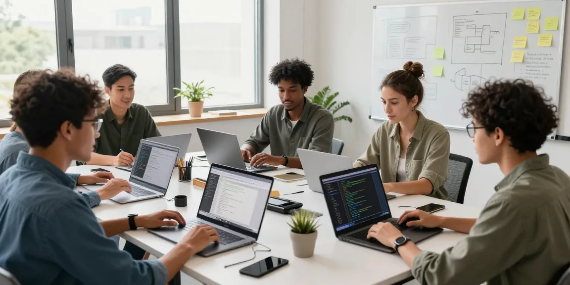 Build internal tools with AI in a collaborative workspace, showcasing developers engaged in coding and brainstorming activities.