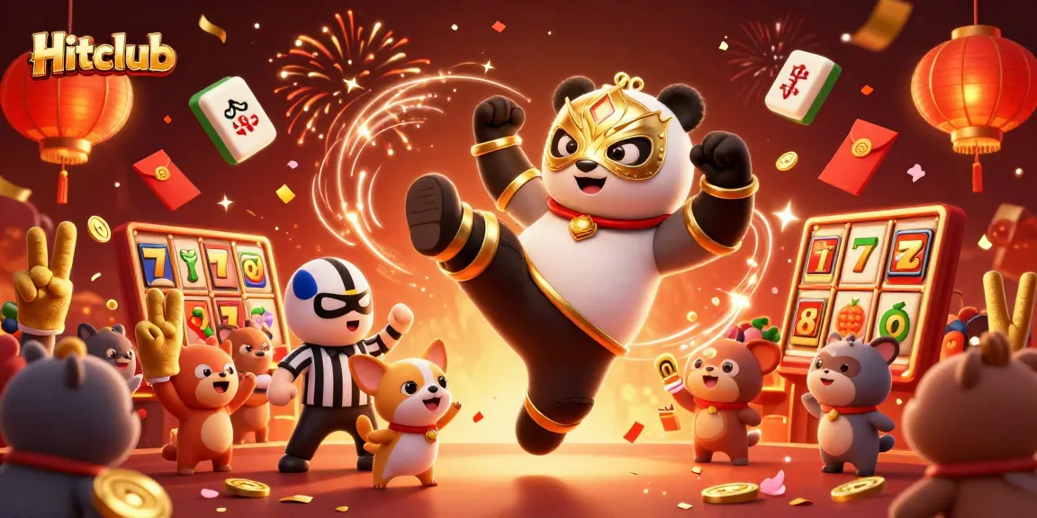 Hitclub engages players with vibrant casino action featuring a wrestling panda and lively crowd.